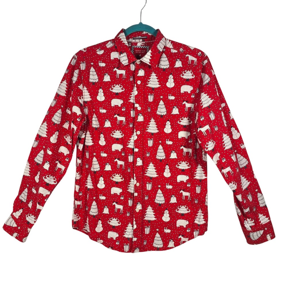 Cactus Man Ricky Singh Mens Small Red‎ Holiday Christmas Print Button Down Shirt